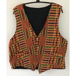 Handmade African Ghanaian Kente Plaid Cotton Fabric Waistcoat Vest Medium 44"